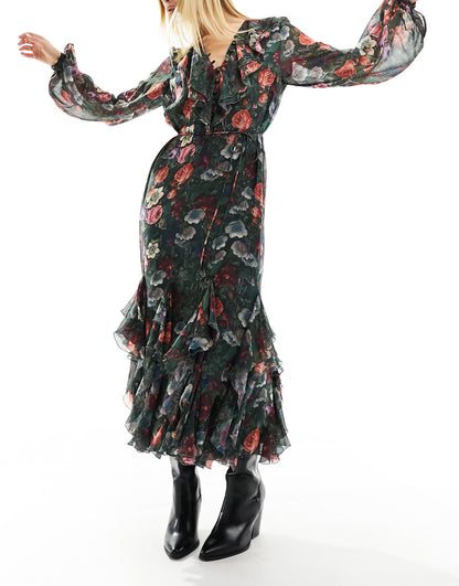 & Other Stories midaxi dress with ruffle detail and volume sleeves in dark floral print