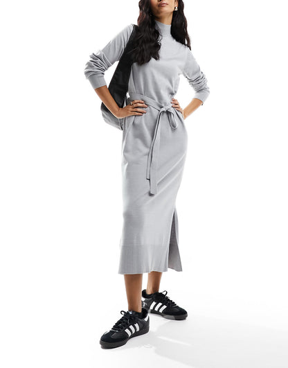 New Look belted knitted midi dress in light grey