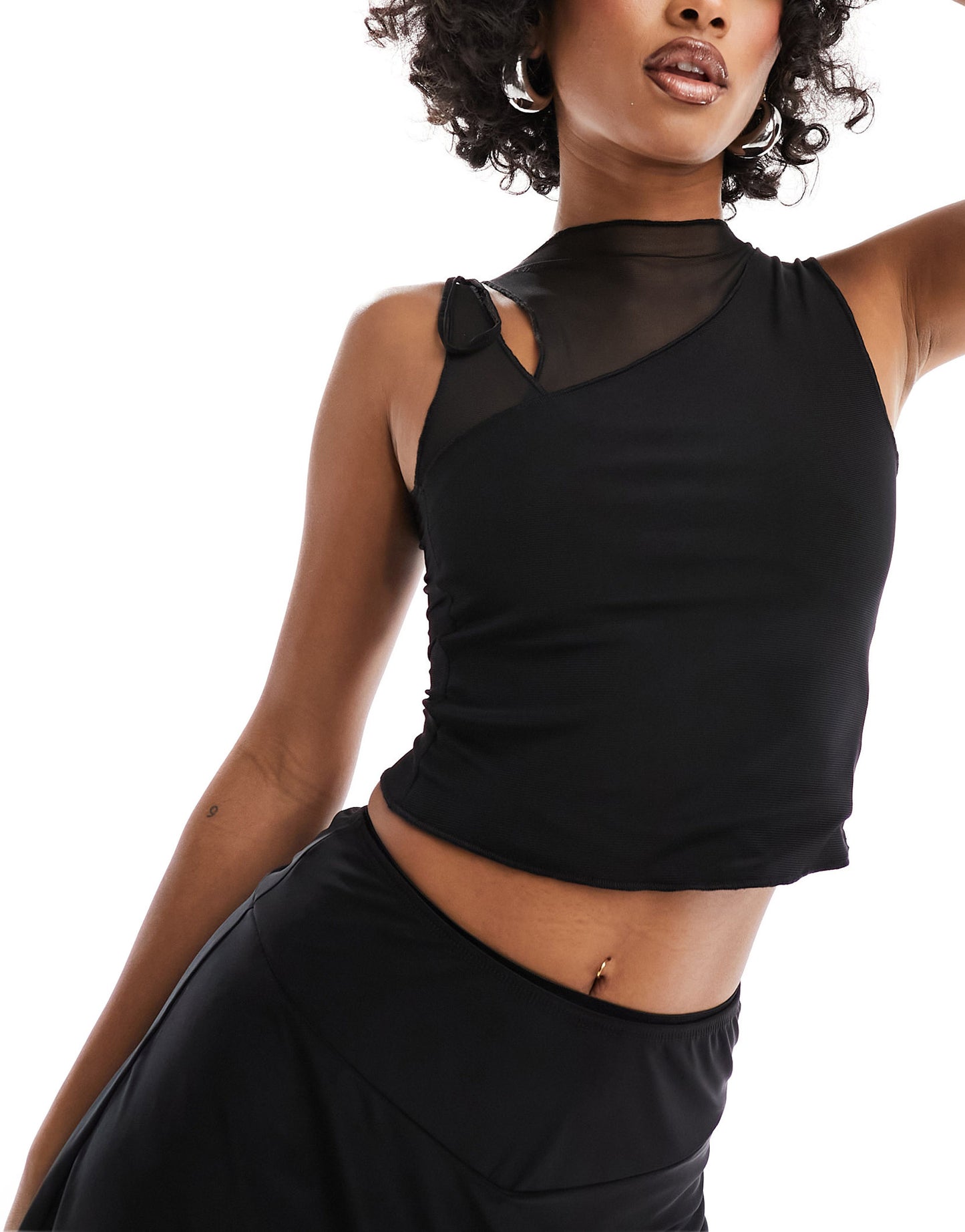 Motel tie shoulder mesh tank top in black