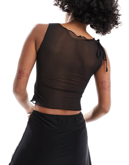 Motel tie shoulder mesh tank top in black