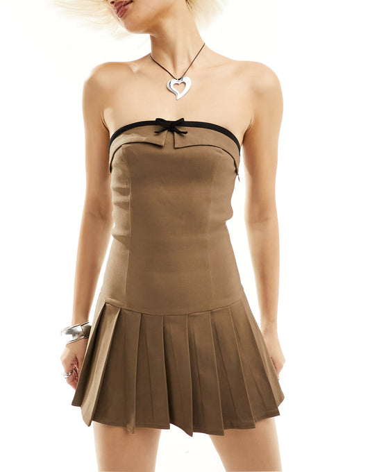 Motel bow detail pleated mini bandeau dress in brown