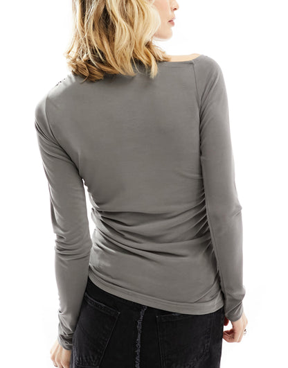 Weekday Main asymmetric long sleeve top in khaki grey