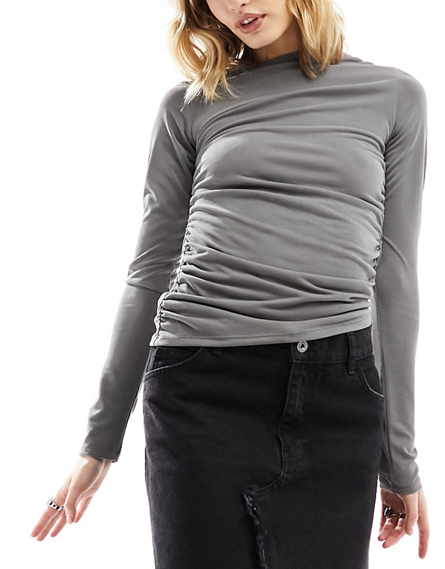 Weekday Main asymmetric long sleeve top in khaki grey