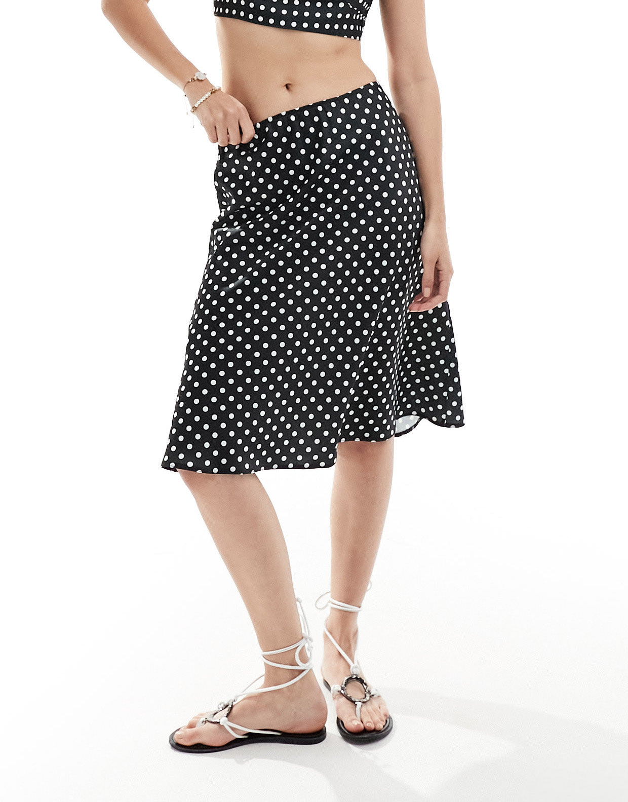 ASOS DESIGN 90's length satin midi skirt co-ord in mono spot print