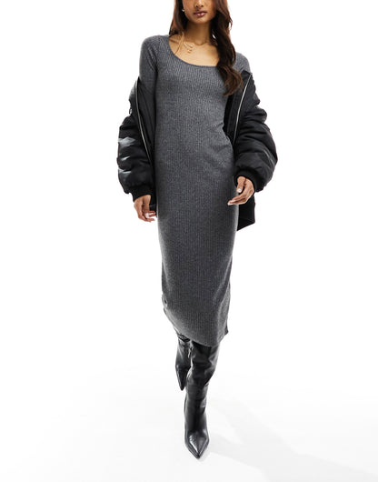 New Look long sleeve scoop neck midi dress in dark grey