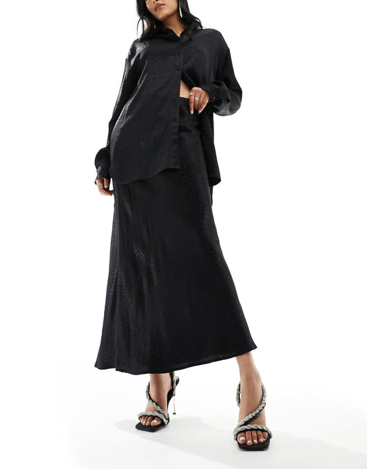 Pimkie satin maxi skirt co-ord in black jacquard