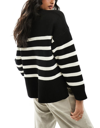 Pimkie longline side split jumper in black and cream stripe