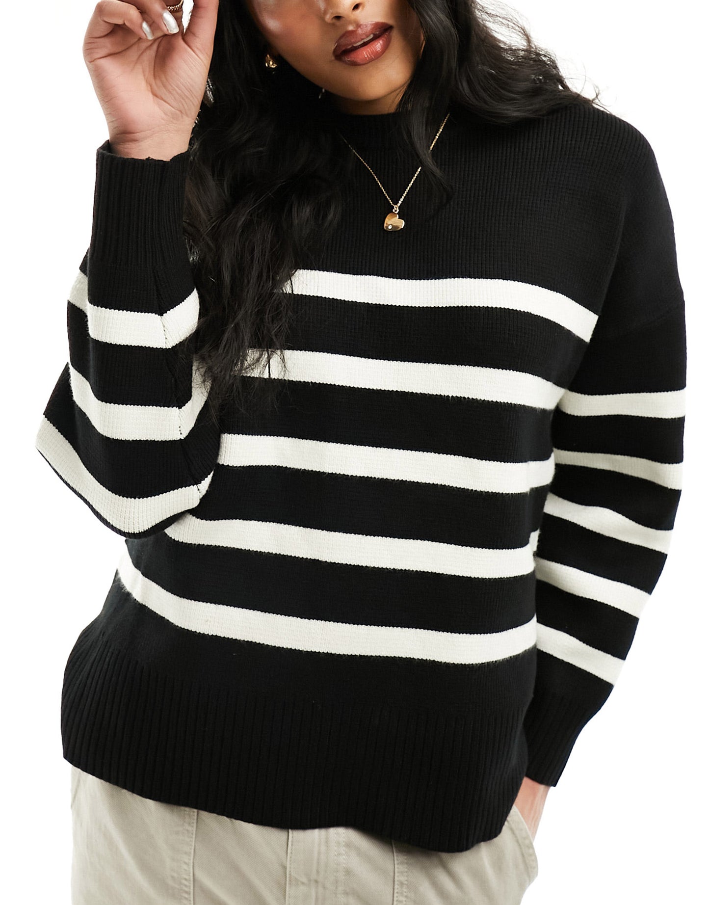 Pimkie longline side split jumper in black and cream stripe