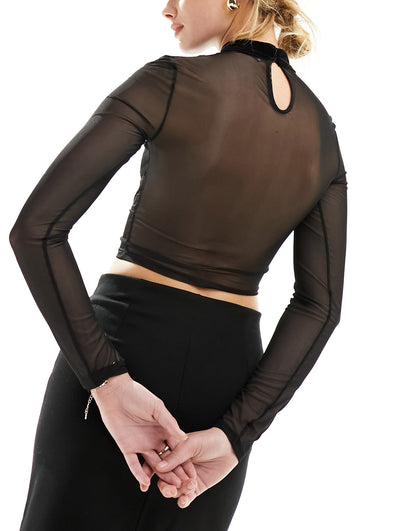 Bershka mesh and velvet long sleeve top in black