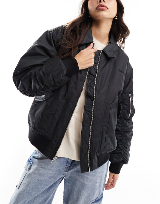 Wrangler bomber jacket with collar and ruching detail in black