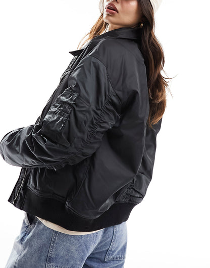 Wrangler bomber jacket with collar and ruching detail in black