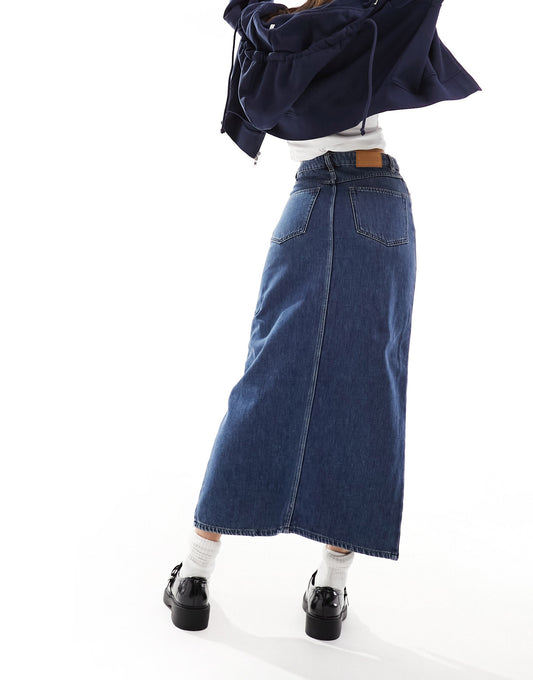 Monki denim midi skirt with split in mid blue wash