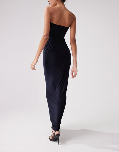 ASOS DESIGN drape twist front bandeau with rouleaux strapping and invisible mesh maxi dress in navy