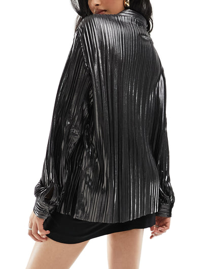 Pimkie metallic pleated oversized shirt in black