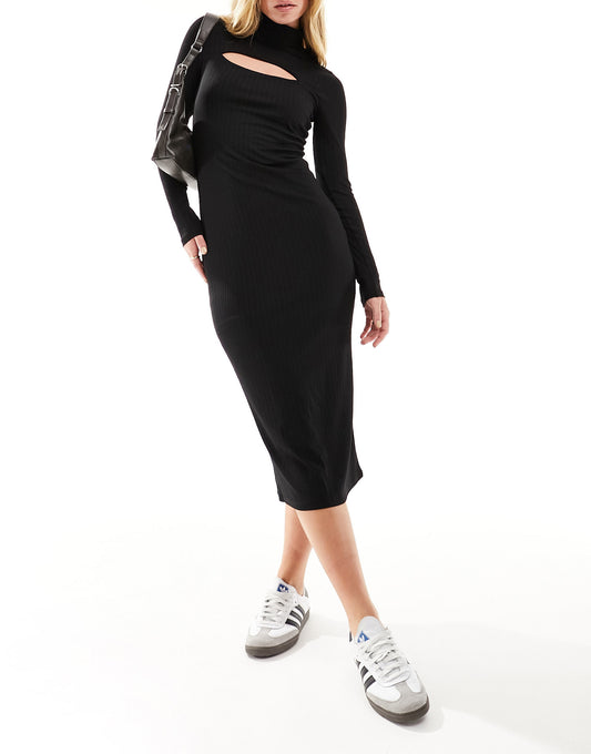 Hollister long sleeve midi knit dress with mock neck cut out in black