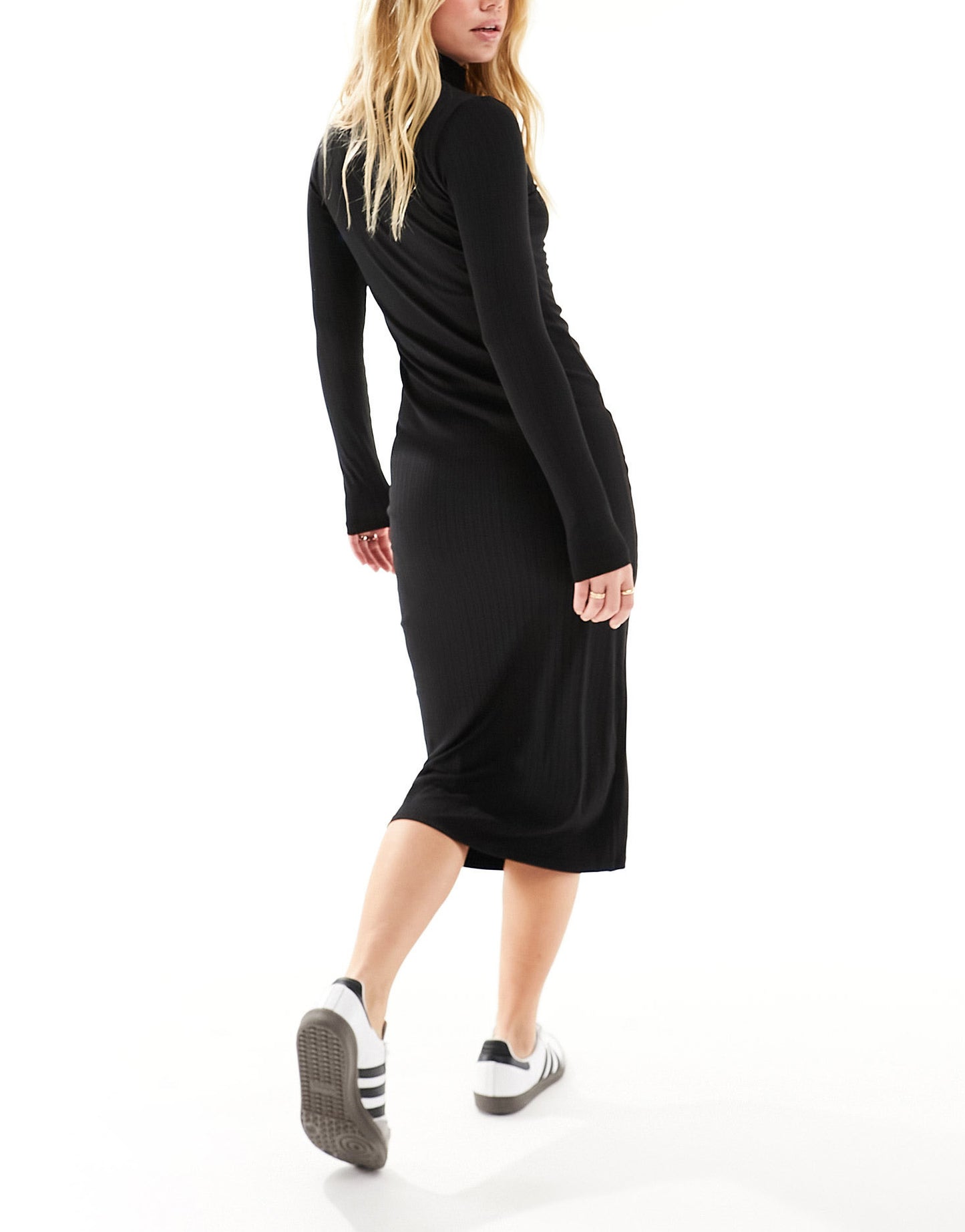 Hollister long sleeve midi knit dress with mock neck cut out in black