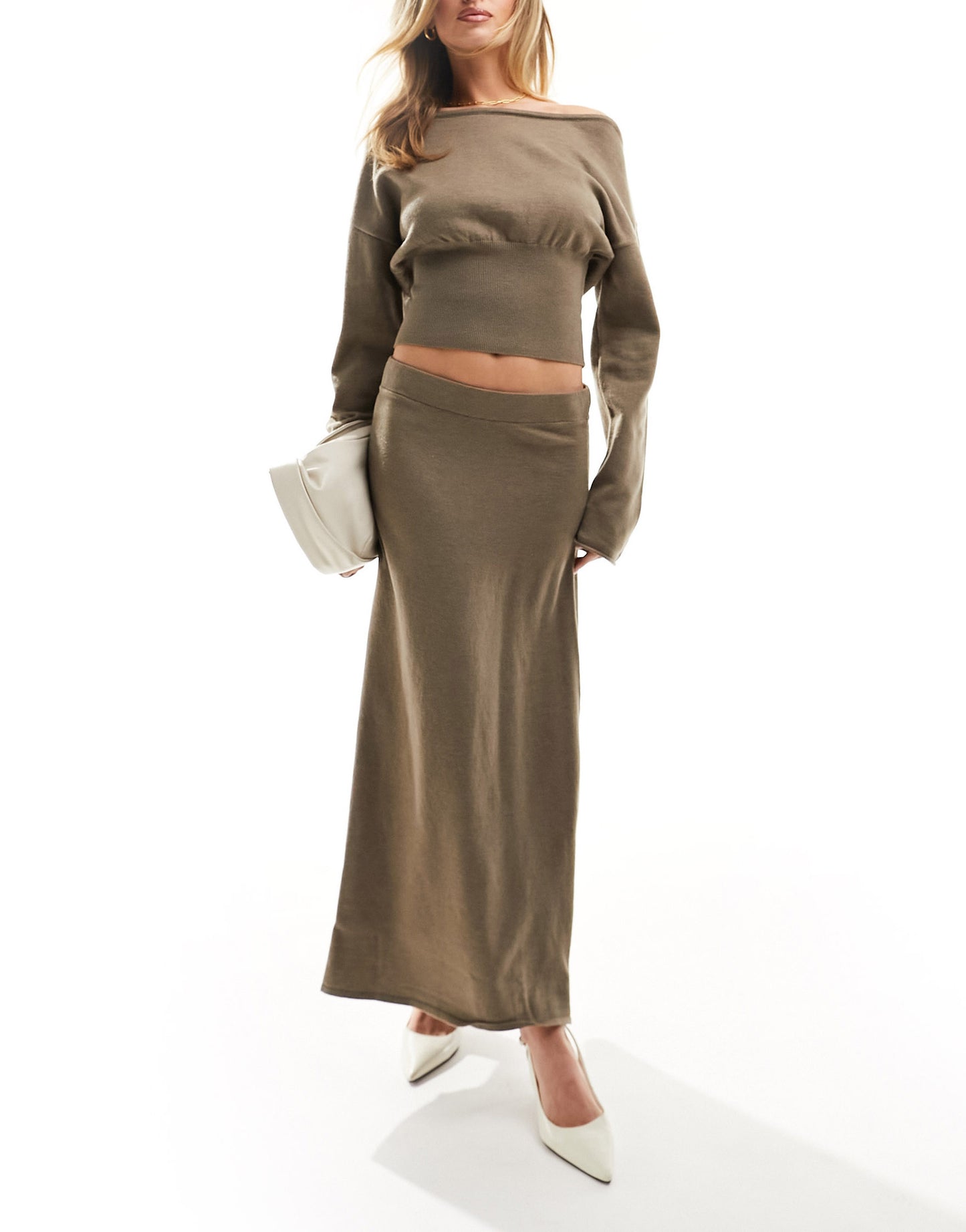 NA-KD co-ord knitted midi skirt in brown