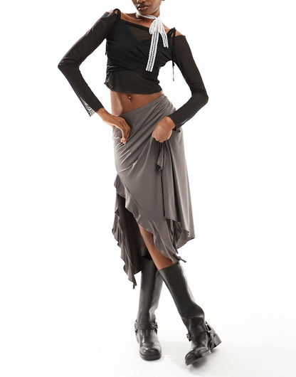 COLLUSION mesh ballet wrap around long sleeve top in black