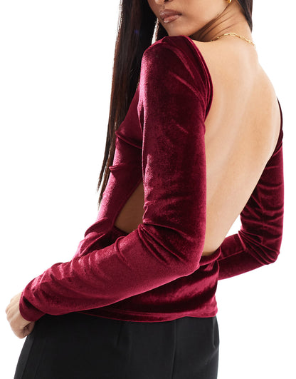 Miss Selfridge long sleeve velvet backless top in burgundy