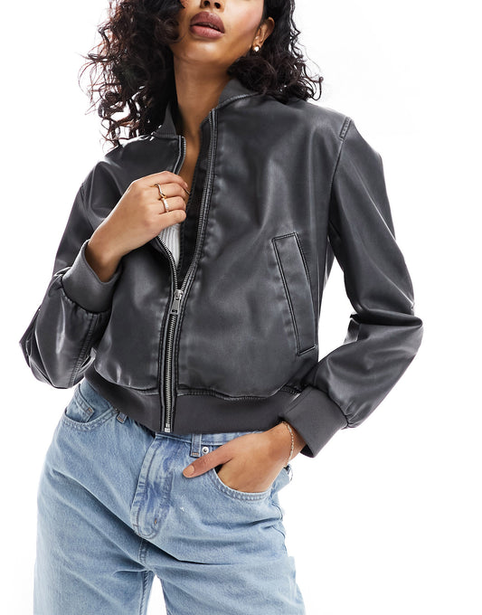 New Look cropped biker jacket in washed black