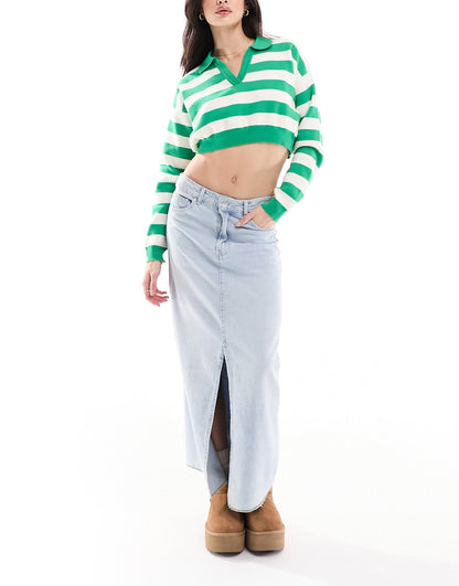 Bershka polo neck jumper in green & white stripe