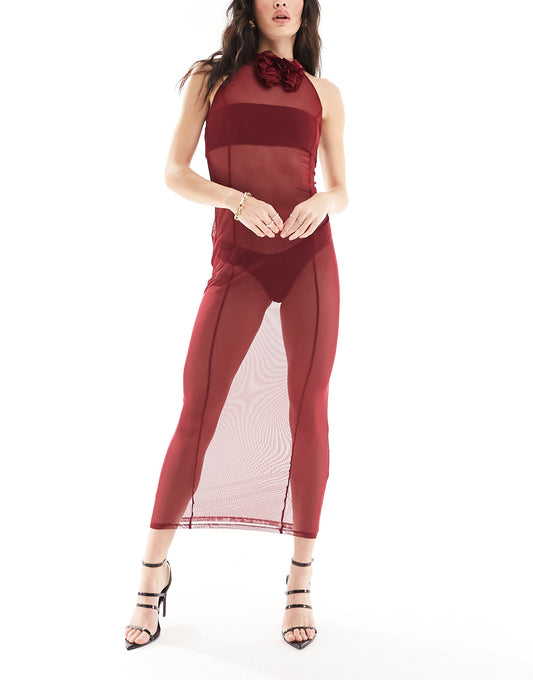 ASOS DESIGN mesh sleeveless maxi dress with corsage in oxblood