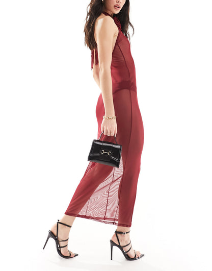 ASOS DESIGN mesh sleeveless maxi dress with corsage in oxblood