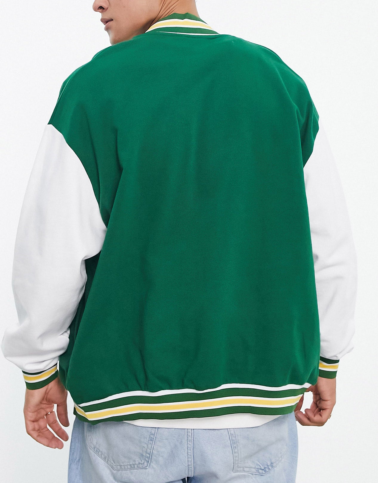 ASOS DESIGN oversized varsity bomber jacket in green – ASOS Sample Sale